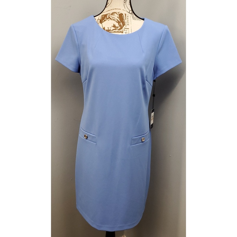Tommy Hilfiger Sheath Dress Womens 12 Blue Crepe Short Sleeve Career Back Zipper